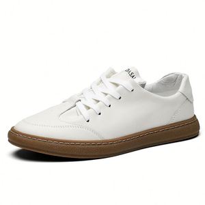 White Genuine Leather Round Toe Court <b>Sneakers</b> Lace-Up Rubber Outsole EVA Midsole All Seasons Solid Color Men's <b>Shoes</b> - Product Image 6