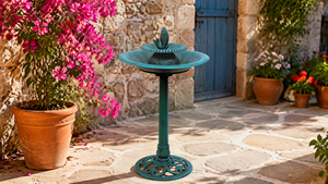 <span class=keywords><strong>Fontaine</strong></span> d'eau extérieure <span class=keywords><strong>solaire</strong></span> en résine écologique, résistante aux intempéries, avec sculpture de oiseaux et de poissons sautant sur piédestal vert antique - Product Image 2