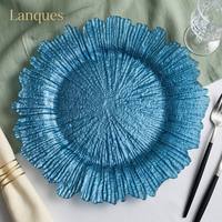 Assiette de présentation en verre texturé bleu corail, 13 pouces, bord festonné en forme de pétale, assiette de présentation décorative pour la mise en place de tables de banquet de mariage