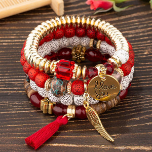 Ensemble de bracelets bohèmes en pierre avec perles à facettes, chaîne couleur or, breloque cœur, ailes perlées, inscription 'Love You' et pompons – Cadeau Saint-Valentin - Product Image 2