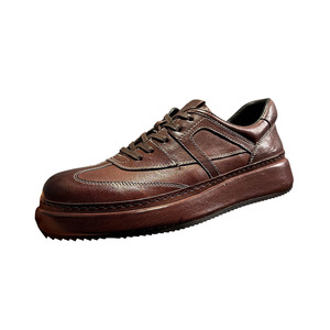 Men's Genuine Leather Platform Sneakers <b>Round</b> Toe Lace-Up <b>Cushioned</b> EVA Midsole Rubber Outsole All Seasons Solid Color Shoes - Product Image 5