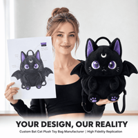Sac à dos en peluche personnalisé noir motif chauve-souris et chat, sac à dos doux pour enfants et adultes, cadeau OEM ODM