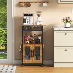 Chariot à café en bois avec armoire de rangement et roulettes, mobilier de cuisine moderne pour station à café ou à vin - Product Image 4