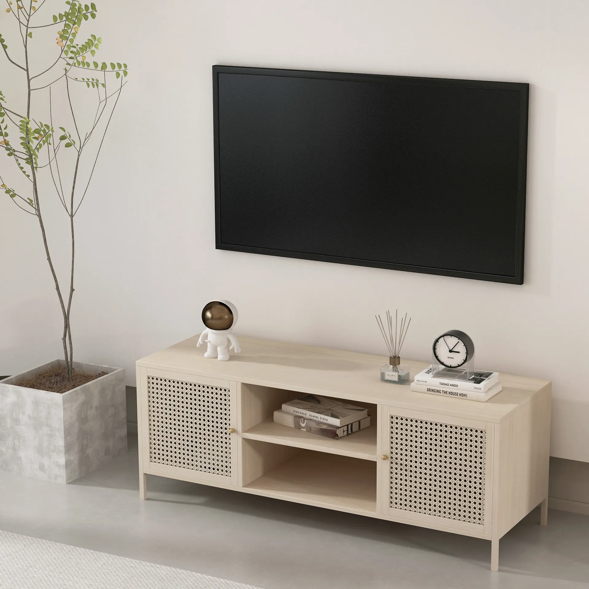 Mueble vintage de madera y ratán para el hogar, mueble de TV duradero