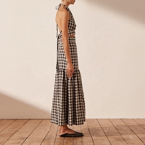 Vestito estivo nuovo Design fasciante abito di lino Vintage Plaid Plaid <span class=keywords><strong>Top</strong></span> corto <span class=keywords><strong>e</strong></span> <span class=keywords><strong>vita</strong></span> <span class=keywords><strong>alta</strong></span> <span class=keywords><strong>gonna</strong></span> <span class=keywords><strong>lunga</strong></span> due pezzi Set donna - Product Image 3