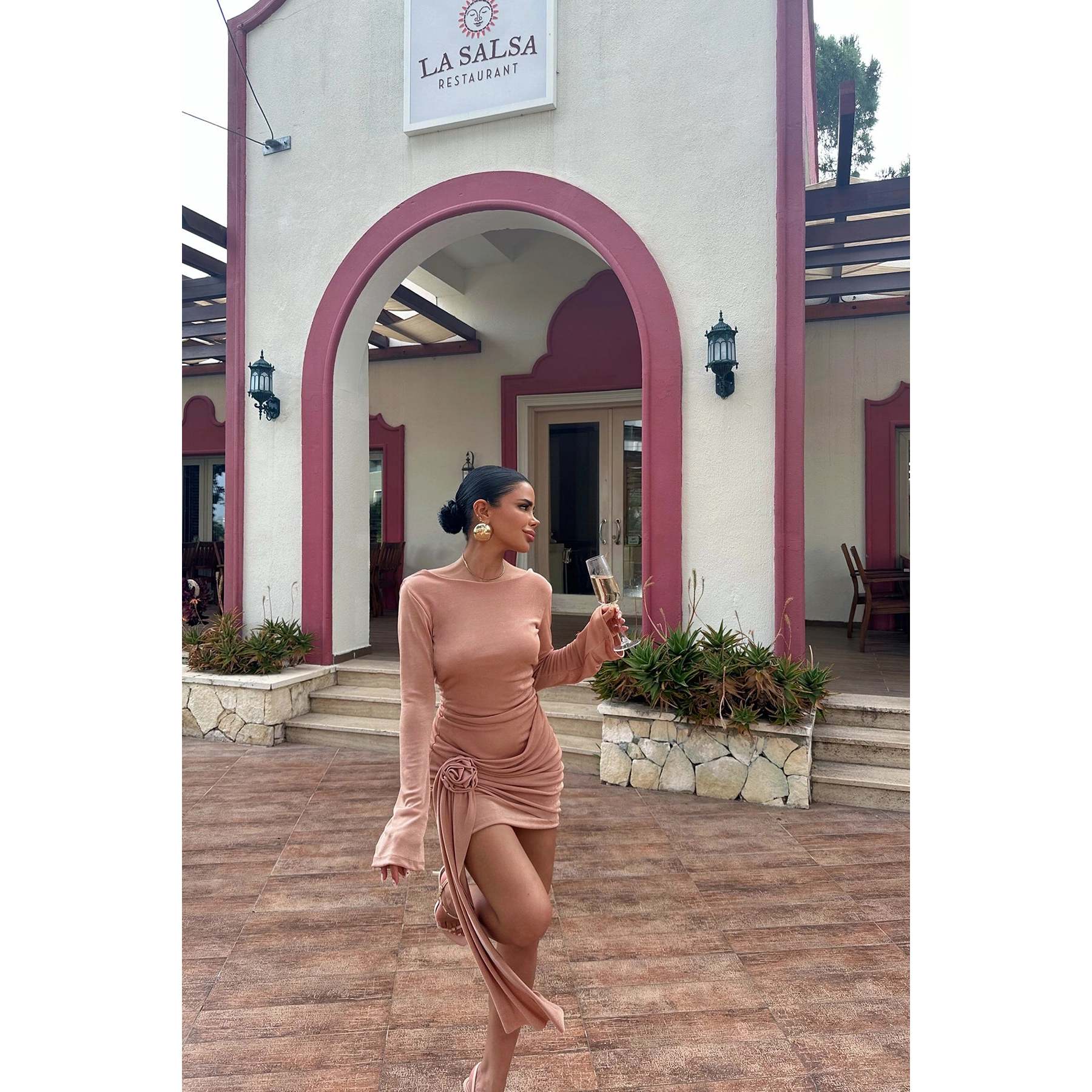 Long Sleeve Beige Dress with Rose Detail XS-XLLOGO| Alibaba.com