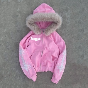 Schwerer französischer Terry Winter rosa <span class=keywords><strong>Hoodie</strong></span> Benutzer definiertes Logo Digital gedruckte Männer Regular Fit Abnehmbare Kunst pelz Reiß verschluss Casual Hoodies - Product Image 1