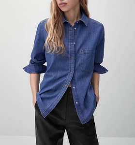 2024 Mùa Xuân Và Mùa Thu Mới Ve Áo Sơ Mi Hải Quân Rửa Dài Tay Áo Denim Áo Sơ Mi Phụ Nữ - Product Image 1