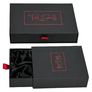 Sıcak satış siyah çekmece kutusu özel Logo tasarım siyah saten ipek astar folyolu hediye çekmece kutusu kurdelalı kutu