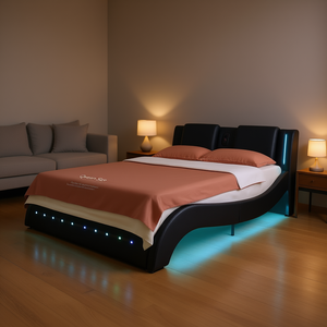 Base de Cama Queen Size con Plataforma de Cuero Sintético, Iluminación LED, Función de Masaje y Soporte de Láminas de Madera, Color Negro - Product Image 2