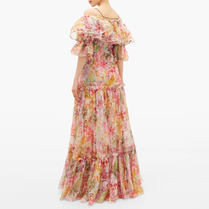 Été Nouveau Style femmes Robe Mode Licou Plissée À Volants à Imprimé Floral En soie Organza Robe - Product Image 5