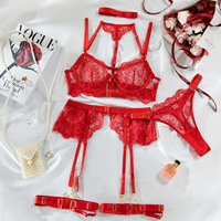 En stock – Nouveauté : Ensemble de lingerie féminine de luxe 4 pièces en dentelle ajourée, soutien-gorge, culotte et porte-jarretelles – Lingerie sexy transparente et élégante brodée pour femme