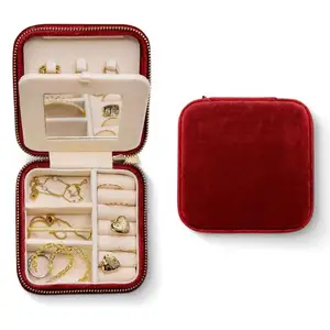 Caja organizadora de collares, caja de joyería de terciopelo redonda con cremallera de viaje, caja de viaje de joyería de terciopelo, caja de joyería de cuero con logotipo personalizado