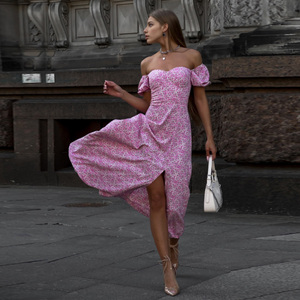 Vestido Midi Romántico de Gasa con Estampado Floral, Manga Casquillo, Escote Corazón, Corte A y Ajuste Ceñido, Ideal para Verano y Uso Casual - Product Image 3