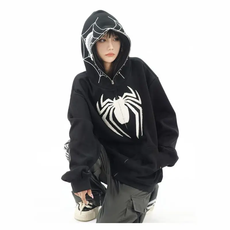Spiderweb Man Embroidery Eye Viewable Zipper Hoodie Men's And Women's Loose Hip Hop Casual Jacket