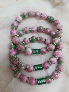 Charm Bracelet Pink Green Stretch Bead Bracelet AKA 1908 Pulsera Sorority - Product Image 4