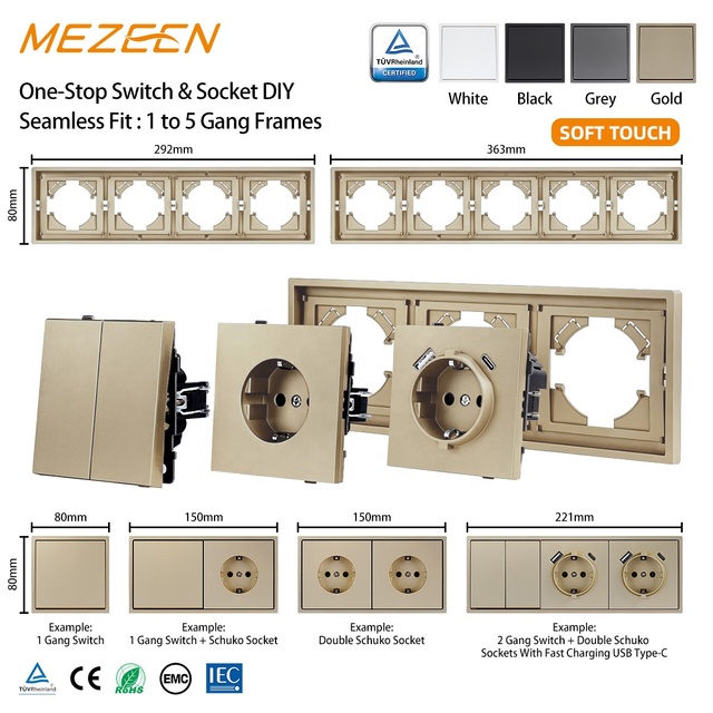 Soft Touch Luxury Gold Color Wall Light Switch EU Standard Two Gang Rocker Press Button Switches 10A 250V With LED Indicator