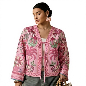 Veste décontractée pour femmes grandes tailles, style bohème, imprimé floral rose, col en V, fermeture à ruban, manches longues, style printemps - Product Image 3