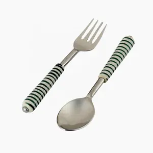 Cuillère et fourchette de Table à poignée ronde, vert et blanc à fines bandes, cuillère et fourchette rechargeables-idéal comme couverts de Camping