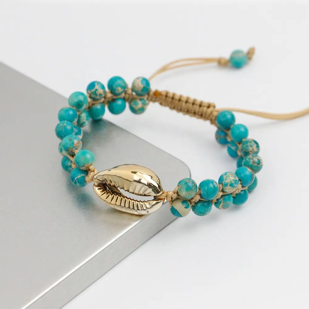 LS-D1206 Weihnachts geschenk Kauri muschel Charme handgemachte Makramee Armband Impression Jasper Perlen Armband Meer Sediment Perlen Armband