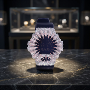 Montre numérique de luxe pour femme en acier inoxydable, boîtier incrusté de diamants, cadran saphir 40 mm, affichage LED, étanche 10 bars - Product Image 3