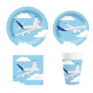 داماي طائرة زرقاء مخصصة أطباق ورقية أطقم مناديل أكواب أواني طعام لوازم حفلات ديناصور لتزيين أعياد الميلاد للأطفال - Product Image 1