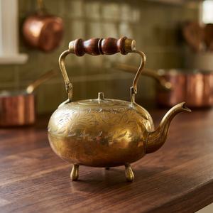 Vintage Brass Tea <b>Kettle</b> With Wooden Handle And Lid Water Pot Metal Design - Product Image 5