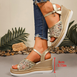 Women Big European and American Style Mesh Sequin Wedge <b>Sandals</b> Summer New Thick Sole Open-Toe Roman <b>Sandals</b> - Product Image 4