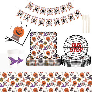 DAMAI Nuevo Juego de Platos de Papel para Halloween, Decoraciones para Fiestas Temáticas de Halloween, Platos, Vasos y Servilletas de Papel para Niños, Fiesta de Halloween - Product Image 1