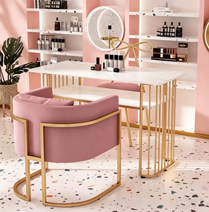 Modern Marble Manicure Table Set with <b>Pink</b> Velvet Chair and Gold <b>Frame</b> for Nail Beauty Salon Furniture - Product Image 1