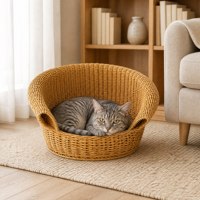 Panier tressé pour animaux de compagnie en rotin PP, écologique, multifonctionnel, résistant à la moisissure et aux insectes, facile à nettoyer, respirant, pour chatons d'intérieur