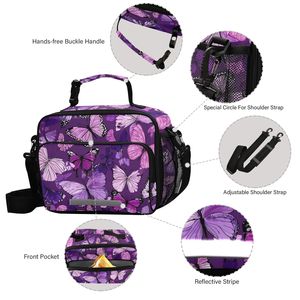 Portable Eco-friendly Purple Butterfly Pattern Custom Logo 2 Persons Kids Thermal <b>Insulated</b> <b>Lunch</b> Bag Zipper Adjustable Strap - Product Image 4