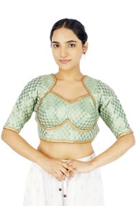 Chemisier Femme 100% Soie Tissé Formel Imprimé Floral Vert Brodé Manches Courtes Col Carré Crop Top Lavable Toutes Saisons - Product Image 1