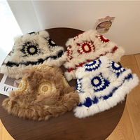 Gorro de punto cálido de invierno estilo nacional chino con diseño de danza del león étnico y piel de conejo esponjosa