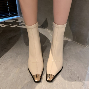 Cialisa – bottines en cuir extensible verni pour femme, chaussures à talons hauts, blanc, noir, taille Plus 42 - Product Image 5