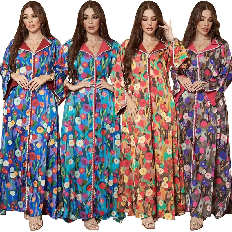 Middle East Muslim ethnic style print loose robe daffah abaya thobe ramadan long sleeve elegant party dress Islamic clothing