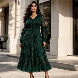 Eleganza Diretta dalla Fabbrica 2026 Abito Plissettato <span class=keywords><strong>da</strong></span> Donna <span class=keywords><strong>con</strong></span> Maniche Lunghe in Pizzo, Scollo a V e <span class=keywords><strong>Volant</strong></span>, Vestito Formale Plissettato Miyake - Product Image 2