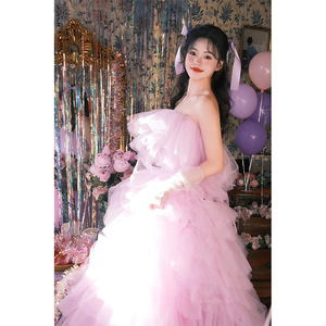 Strapless Purple Tulle Ball Gown Wedding Dress Empire Waistline For Outdoor Portrait Photography - Product Image 4