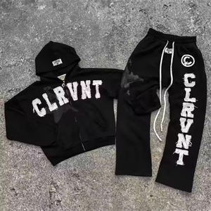 Conjunto de Moletom para Homens 550 GSM 100% Algodão com Impressão Puff Personalizada e Bordado Moda de Rua com Capuz e Calça Jogger <span class=keywords><strong>2</strong></span> Peças - Product Image 1