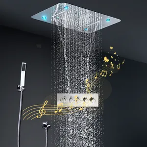 4 Functions Music Shower Set Ceiling Rain Mist Waterfall LED Shower Faucets Thermostatic diverter valve BATHROOM