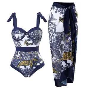 Ins Vintage Vlinderprint Eendelig Badpak Met Lange Rok Badmode Taille Sexy Badpak Bloemenprint 2-delige Bikini