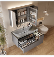 Ensemble de meuble-lavabo de salle de bain avec vasque intégrée en pierre dorée, panier extractible et armoire miroir intelligente, style japonais