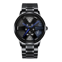 Montre Homme Quartz Noire Luxe Cool Unique Jante Volant 3D Voiture