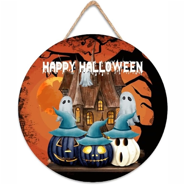 Spooky Happy Halloween Door Hanger Ornament Vintage Haunted House Ghost Pumpkin Wood Sign For Indoor Outdoor Yard Wall Decor