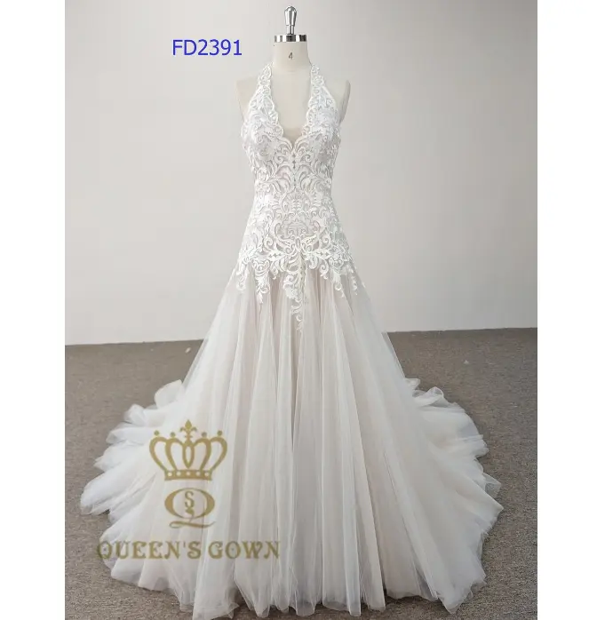 QUEENSGOWN FD2394 bridal gown halter collar A-line blush bridal dress embroidery vintage elegant dress