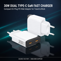 HNT Grosir GaN 30W Pengisi Daya Cepat Ultra-Tipis Dual Type-C 2 Port Kompak Colokan EU Adaptor Dinding PD untuk Perjalanan iPhone