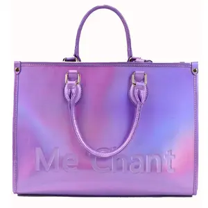 时尚多才多艺的女式商务和办公手提包，带金属锁设计，激光紫色印花字母大手提袋