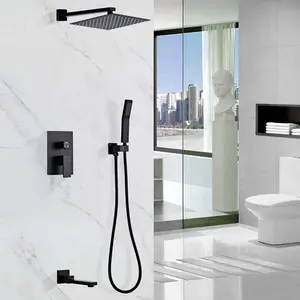 Mitigeur de bain dissimulé à levier unique, carré, moderne, de luxe, système de douche de salle de bains noir avec pomme de douche pluie