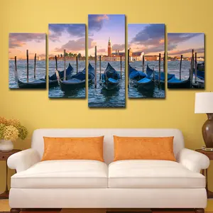 5 panel tampilan laut perahu biru Poster gambar pinggir pantai Kota Matahari terbenam pemandangan Modern kanvas cetak seni untuk ruang makan dekorasi