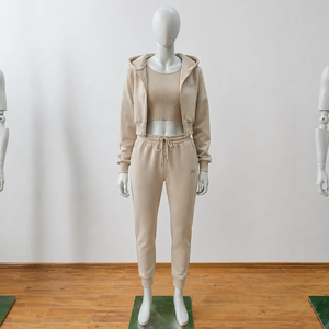 Ensemble 2 pièces pour <span class=keywords><strong>femme</strong></span>, débardeur sans manches et <span class=keywords><strong>pantalon</strong></span> jogger long, couleur beige unie, 260 GSM, style décontracté, vente en gros directe usine - Product Image 1